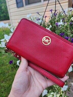 Michael Kors Red Leather MK Wristlet Wallet